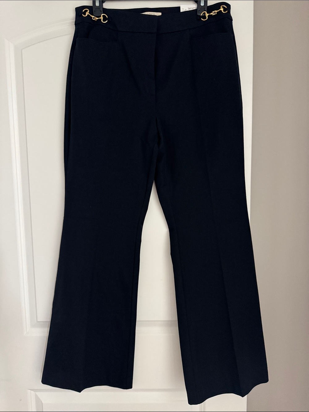 LOFT Black Boot-Cut Pants with Gold Chain Detail